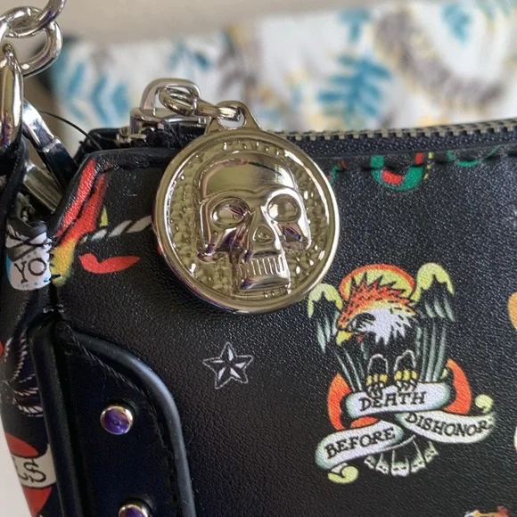 Ed Hardy Black and Red Tattoo Studded Shoulder Bag optional Crossbody strap - Picture 5 of 8